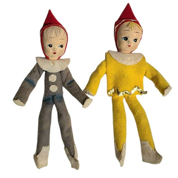 2 Vintage Christmas Pixie Elf Dolls MCM Shelf Sitter Posable Felt Holiday Decor - Picture 2 of 9